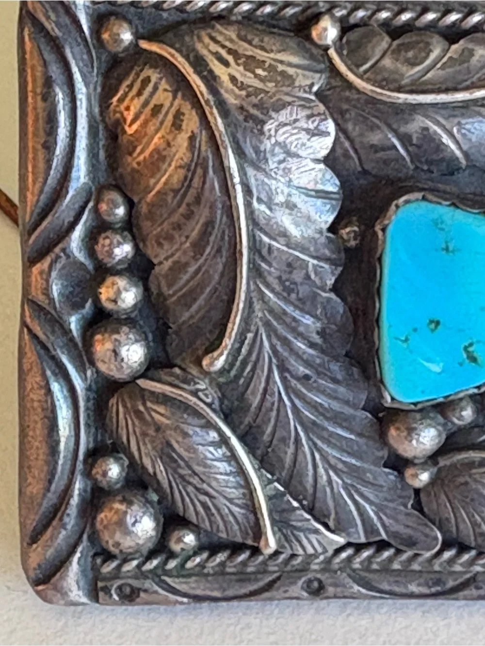 Sterling Silver Turquoise & Coral Inlay Western Belt Buckle Vintage E. Spencer